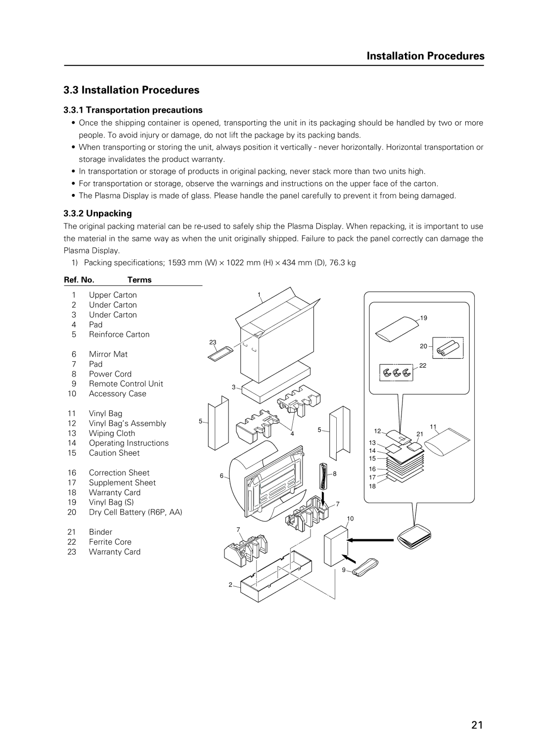 Pioneer 12 technical manual Installation Procedures, Transportation precautions, Unpacking, Ref. No Terms 