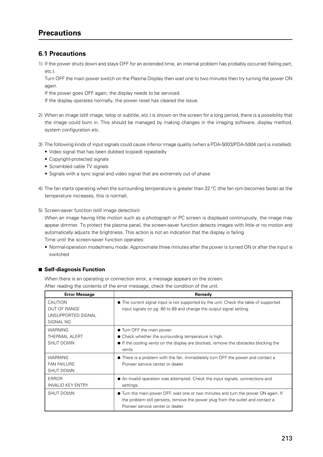 Pioneer 12 technical manual Precautions, Self-diagnosis Function, Error Message Remedy 