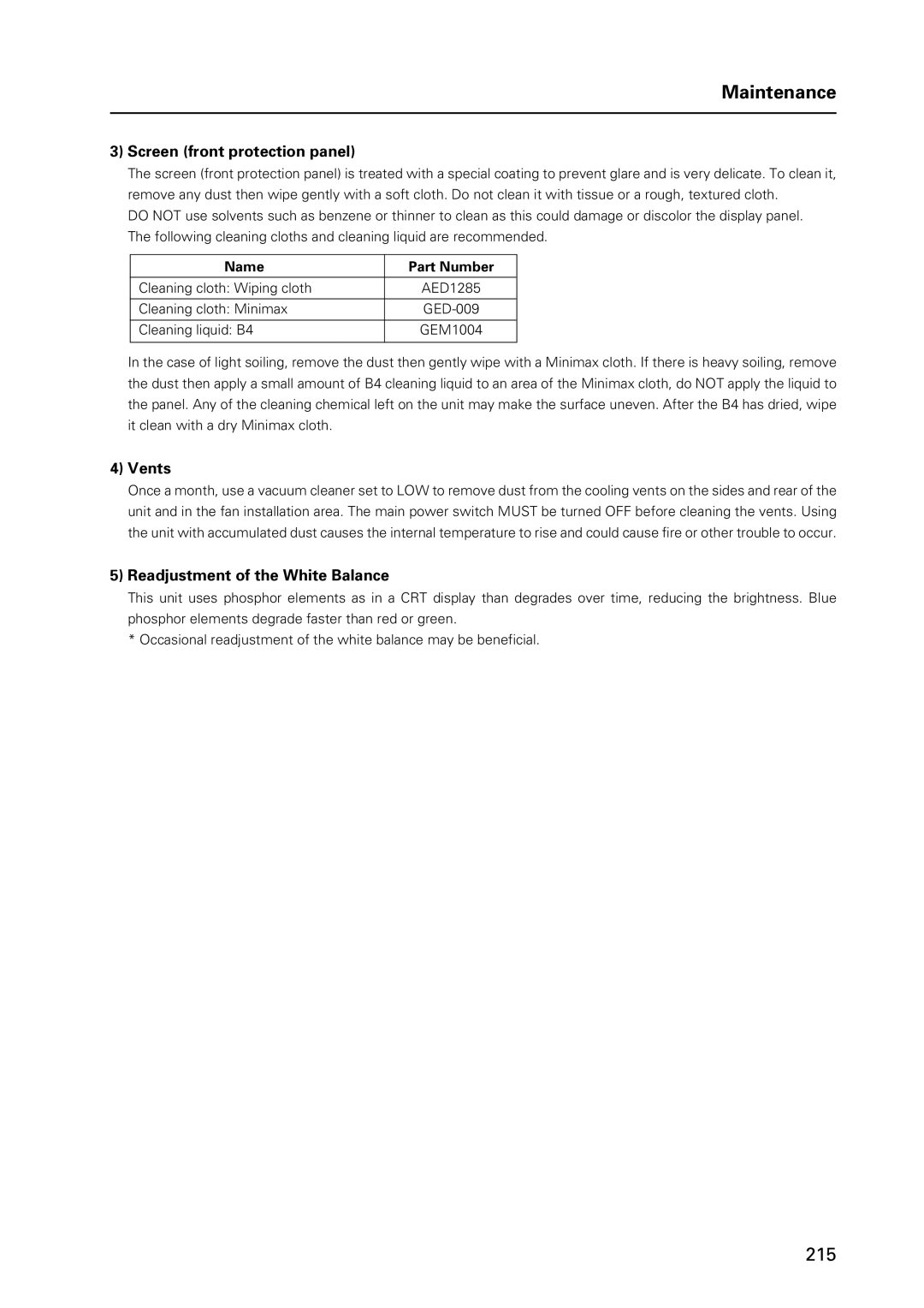 Pioneer 12 Maintenance, Screen front protection panel, Vents, Readjustment of the White Balance, Name Part Number 