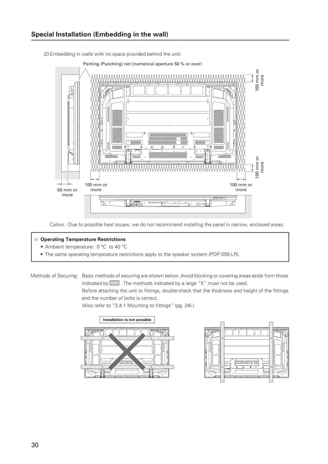 Pioneer 12 technical manual Embedding in walls with no space provided behind the unit 