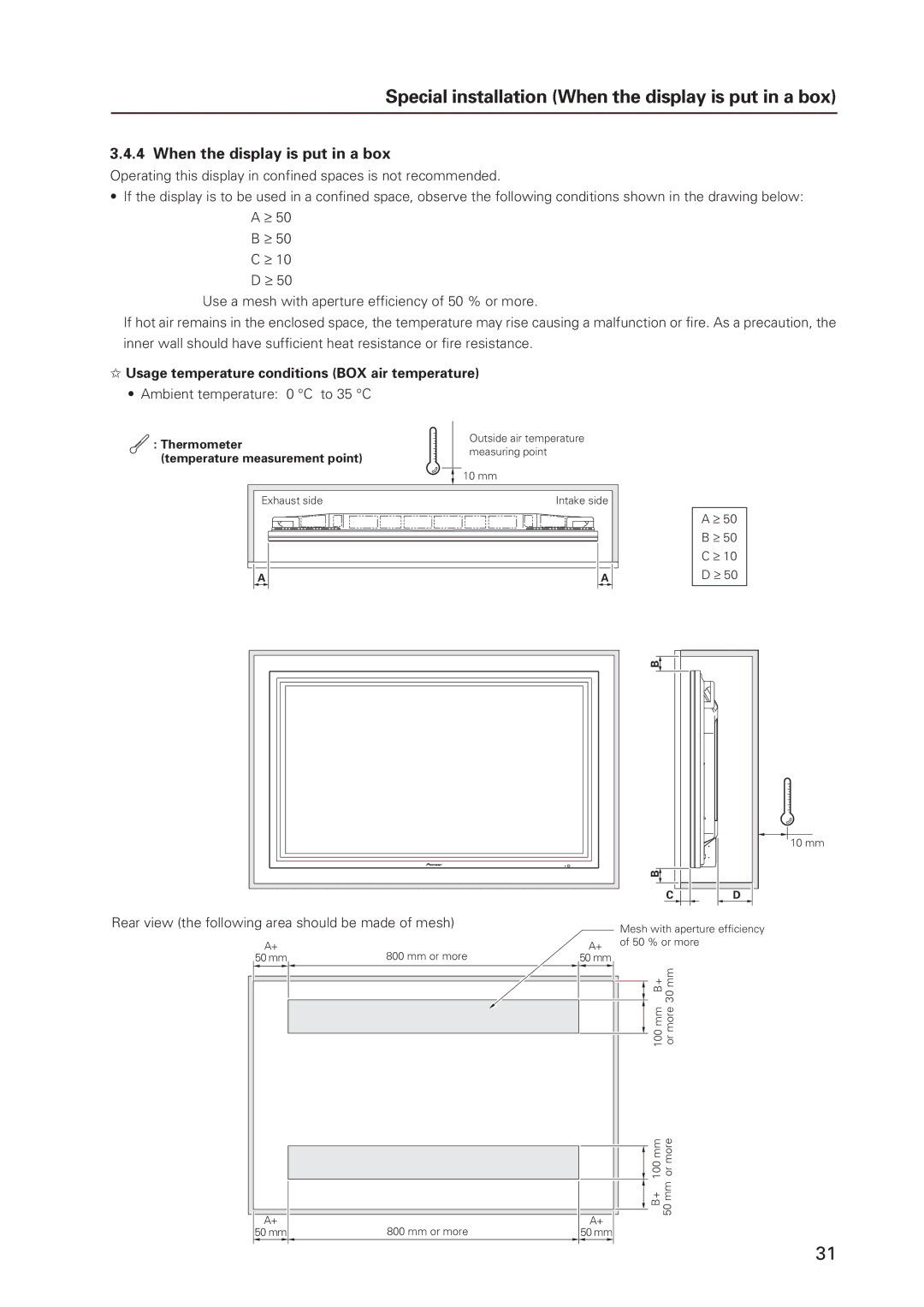 Pioneer 12 Special installation When the display is put in a box, Usage temperature conditions BOX air temperature 