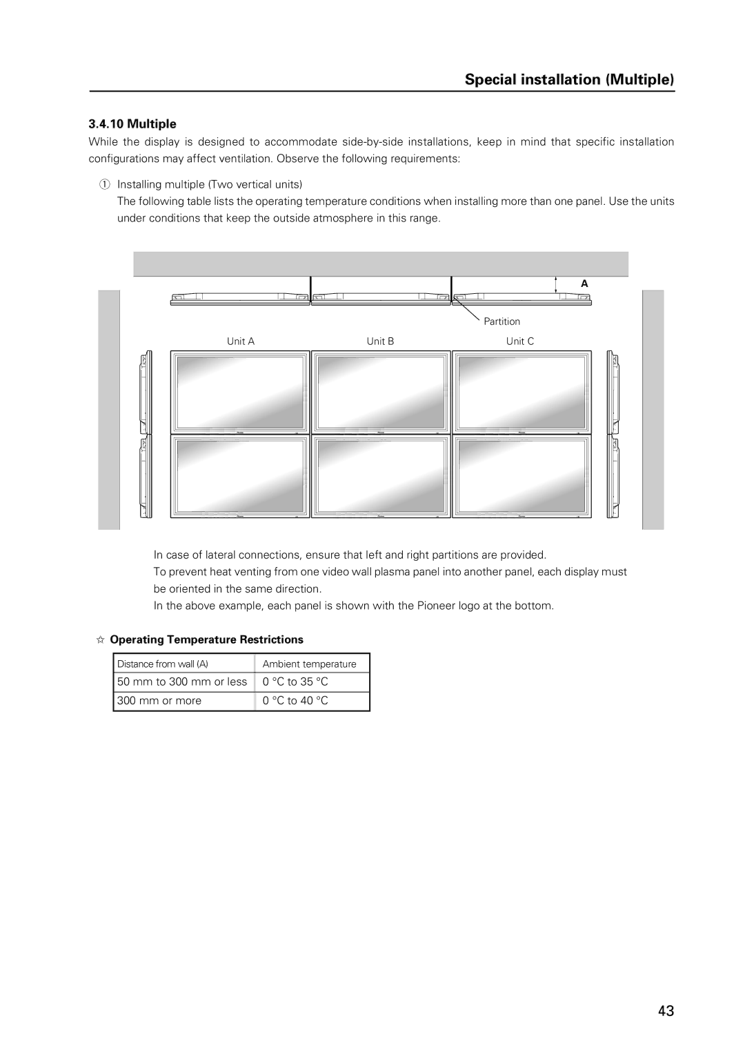 Pioneer 12 technical manual Special installation Multiple, Mm to 300 mm or less To 35 C Mm or more To 40 C 