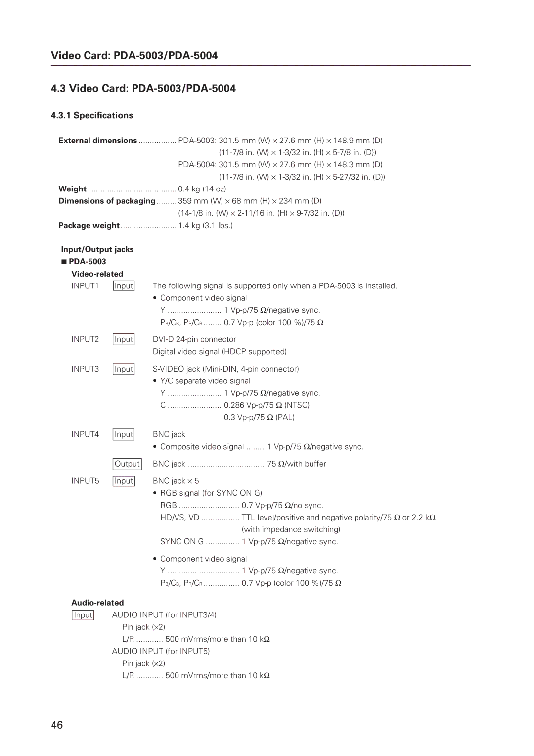 Pioneer 12 technical manual Video Card PDA-5003/PDA-5004, Specifications 