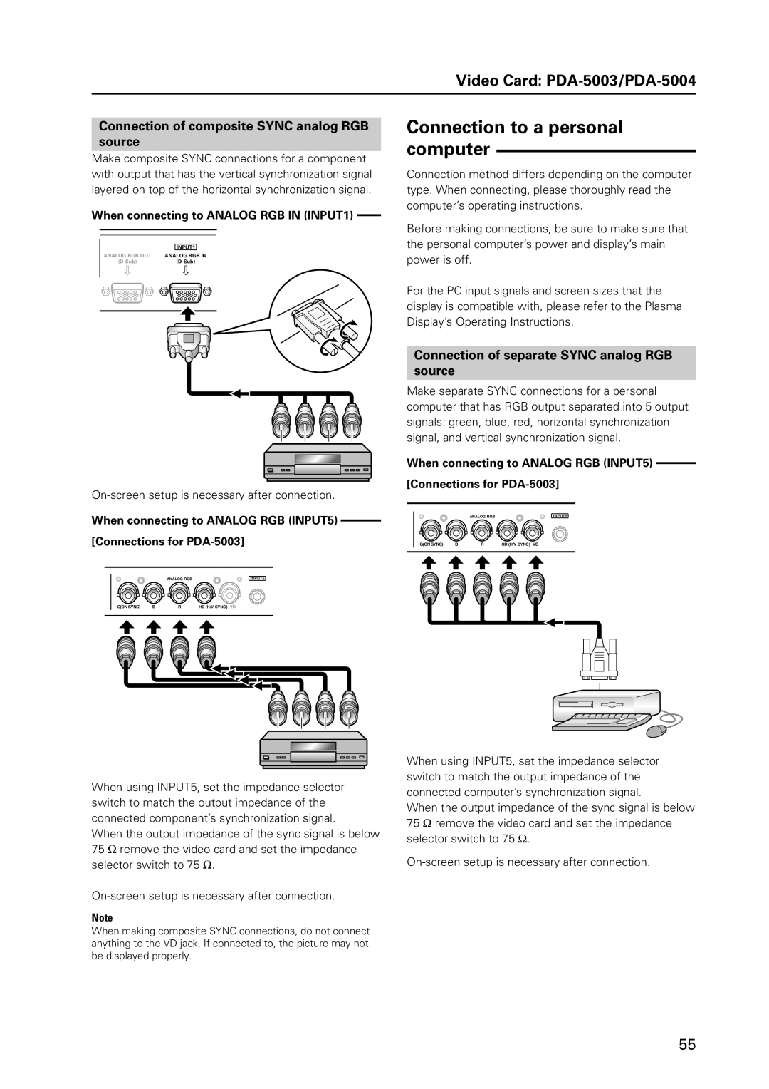 Pioneer 12 technical manual Connection of composite Sync analog RGB Source, Connection of separate Sync analog RGB Source 