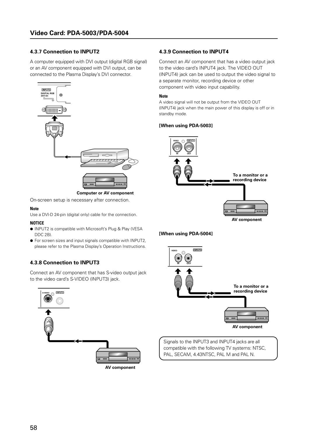 Pioneer 12 technical manual Connection to INPUT2, Connection to INPUT3, Connection to INPUT4, Computer or AV component 