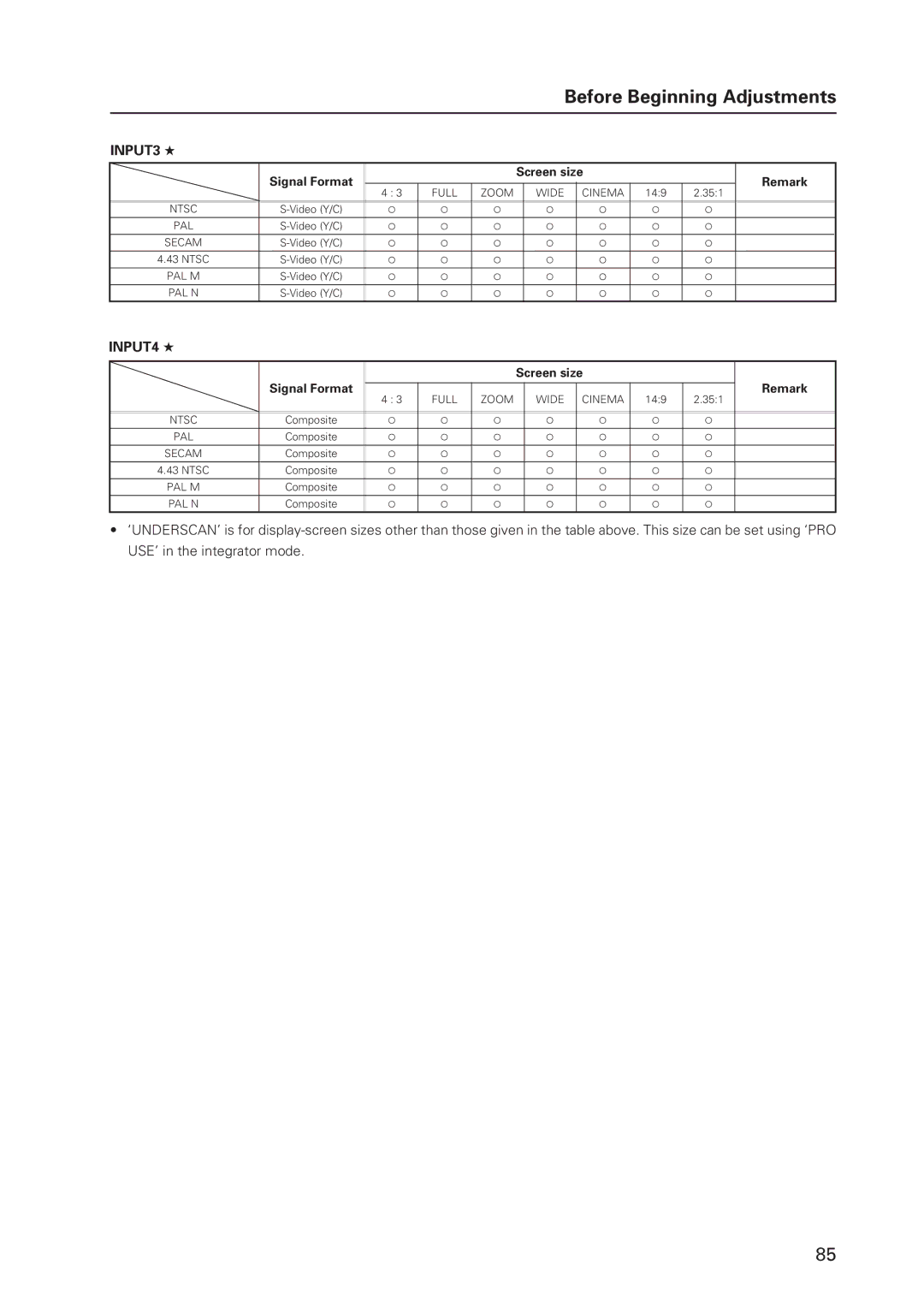 Pioneer 12 technical manual Signal Format Screen size Remark, Screen size Signal Format 