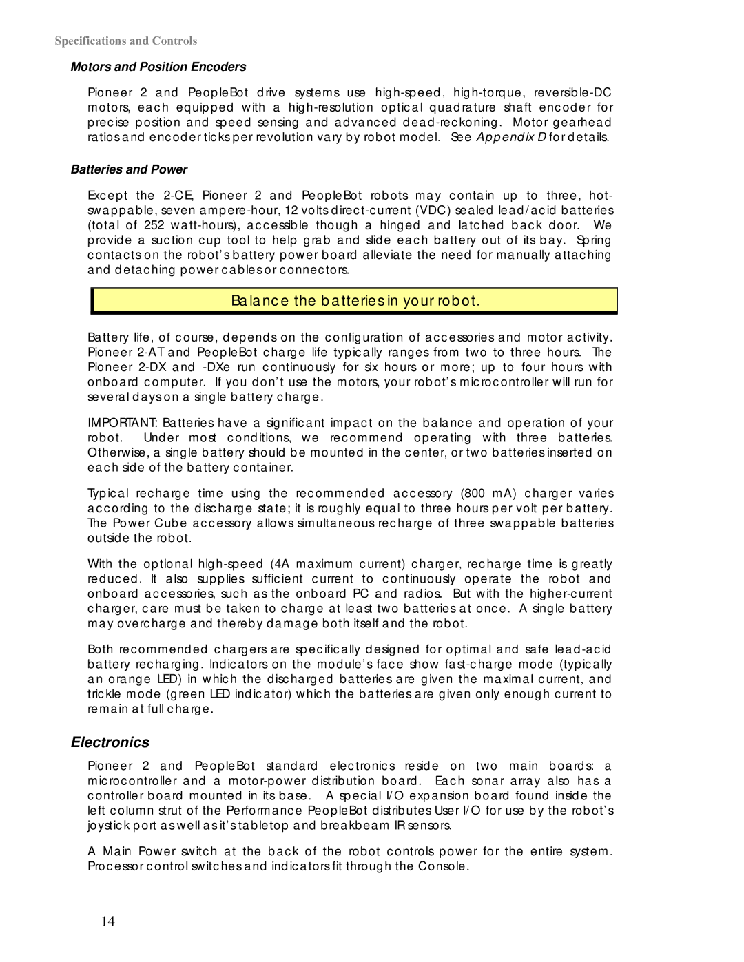 Pioneer 2 / PeopleBot manual Electronics, Motors and Position Encoders, Batteries and Power 