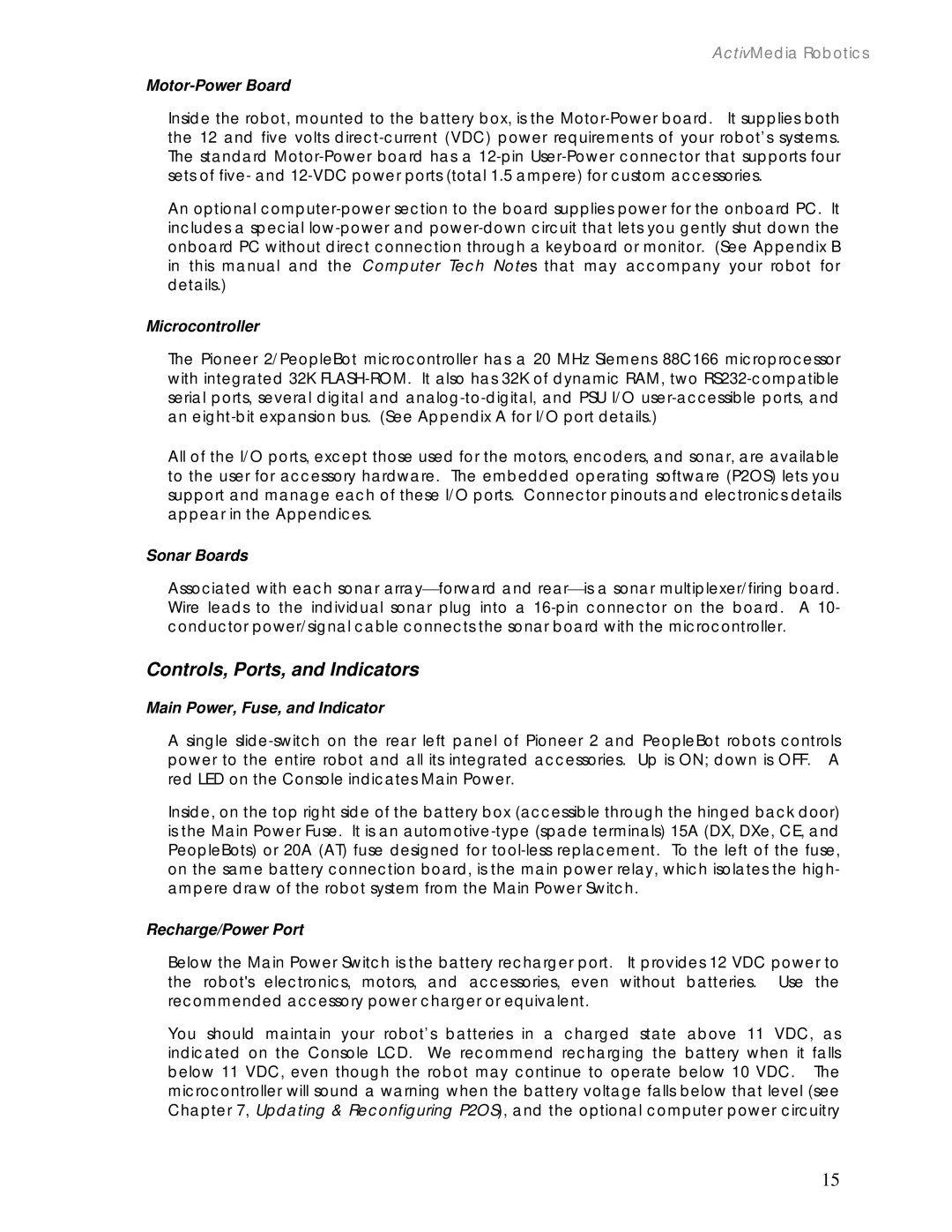 Pioneer 2 / PeopleBot manual Controls, Ports, and Indicators 