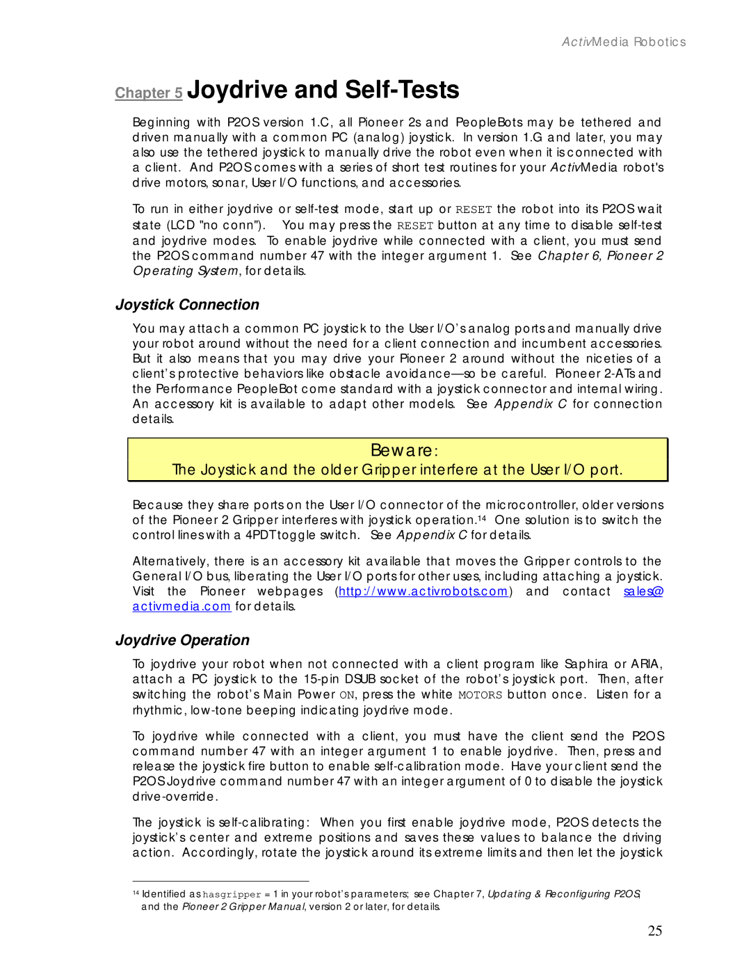 Pioneer 2 / PeopleBot manual Joydrive and Self-Tests, Joystick Connection, Joydrive Operation 