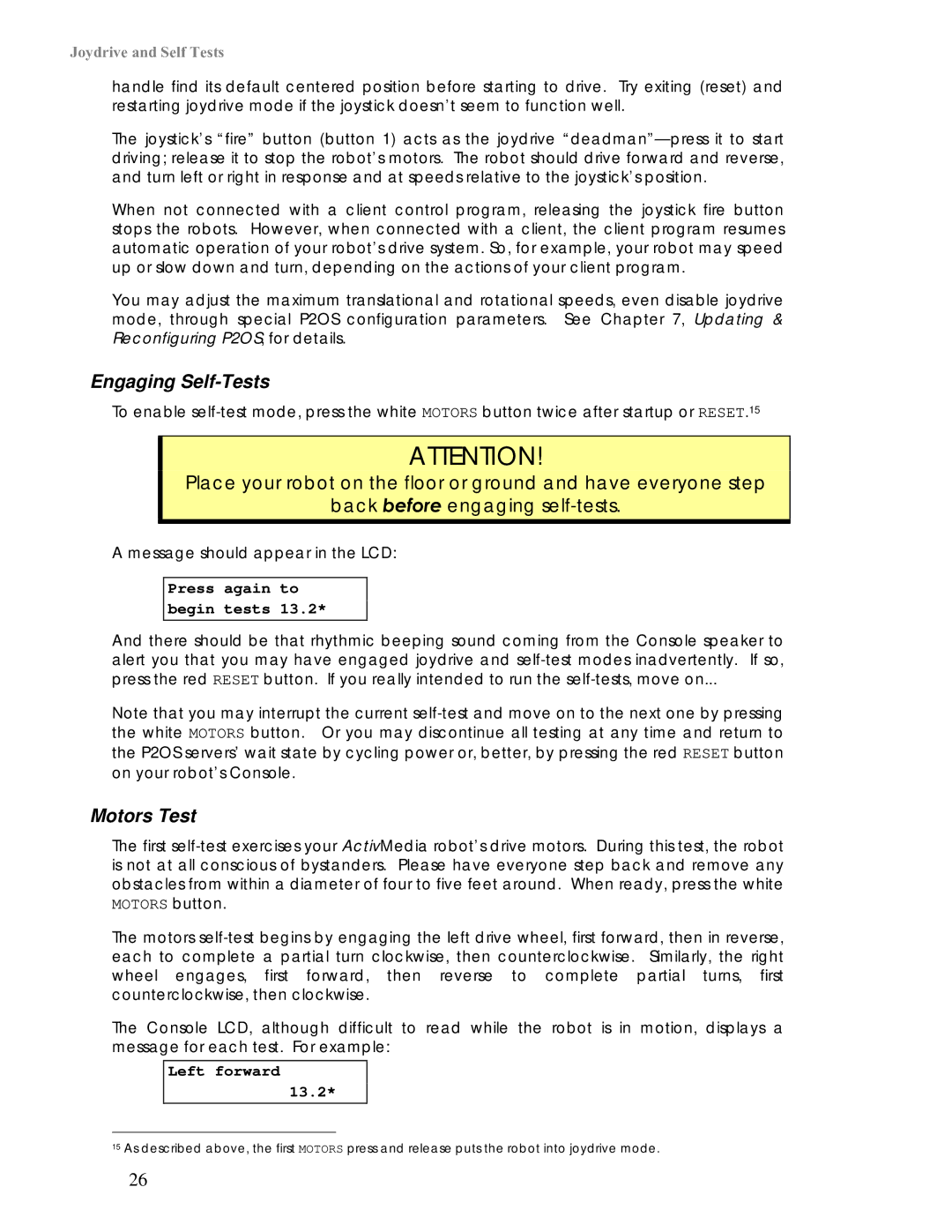 Pioneer 2 / PeopleBot manual Engaging Self-Tests, Motors Test, Press again to begin tests, Left forward 13.2 