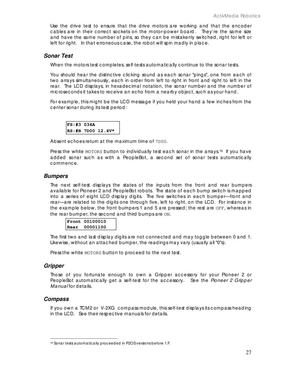 Pioneer 2 / PeopleBot manual Sonar Test, Bumpers, Gripper, Compass 