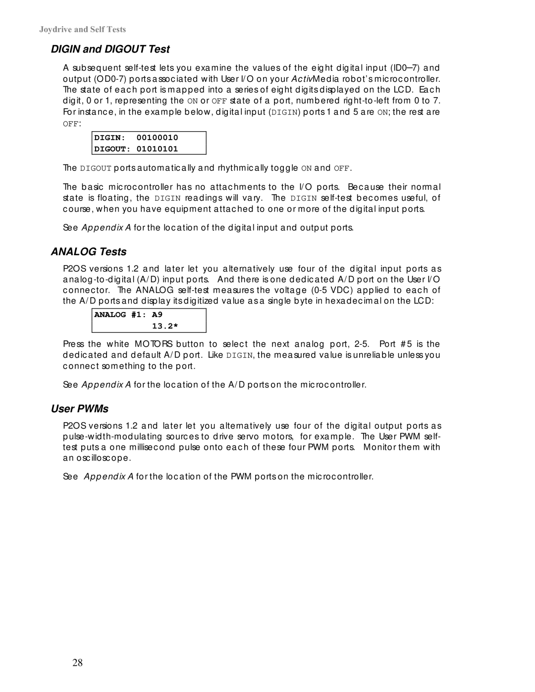 Pioneer 2 / PeopleBot manual Digin and Digout Test, Analog Tests, User PWMs, Digin Digout, Analog #1 A9 