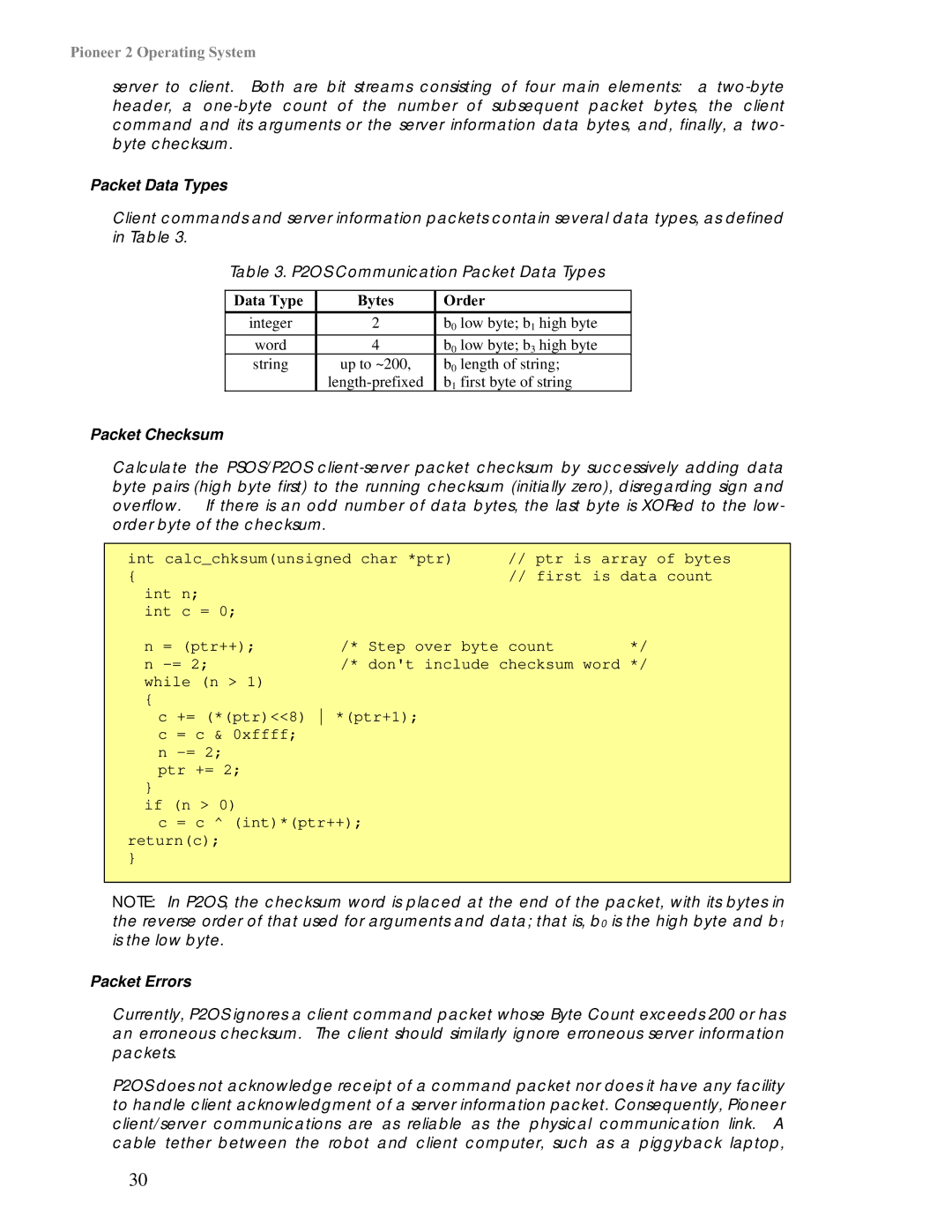 Pioneer 2 / PeopleBot manual Packet Data Types, Packet Checksum, Packet Errors 