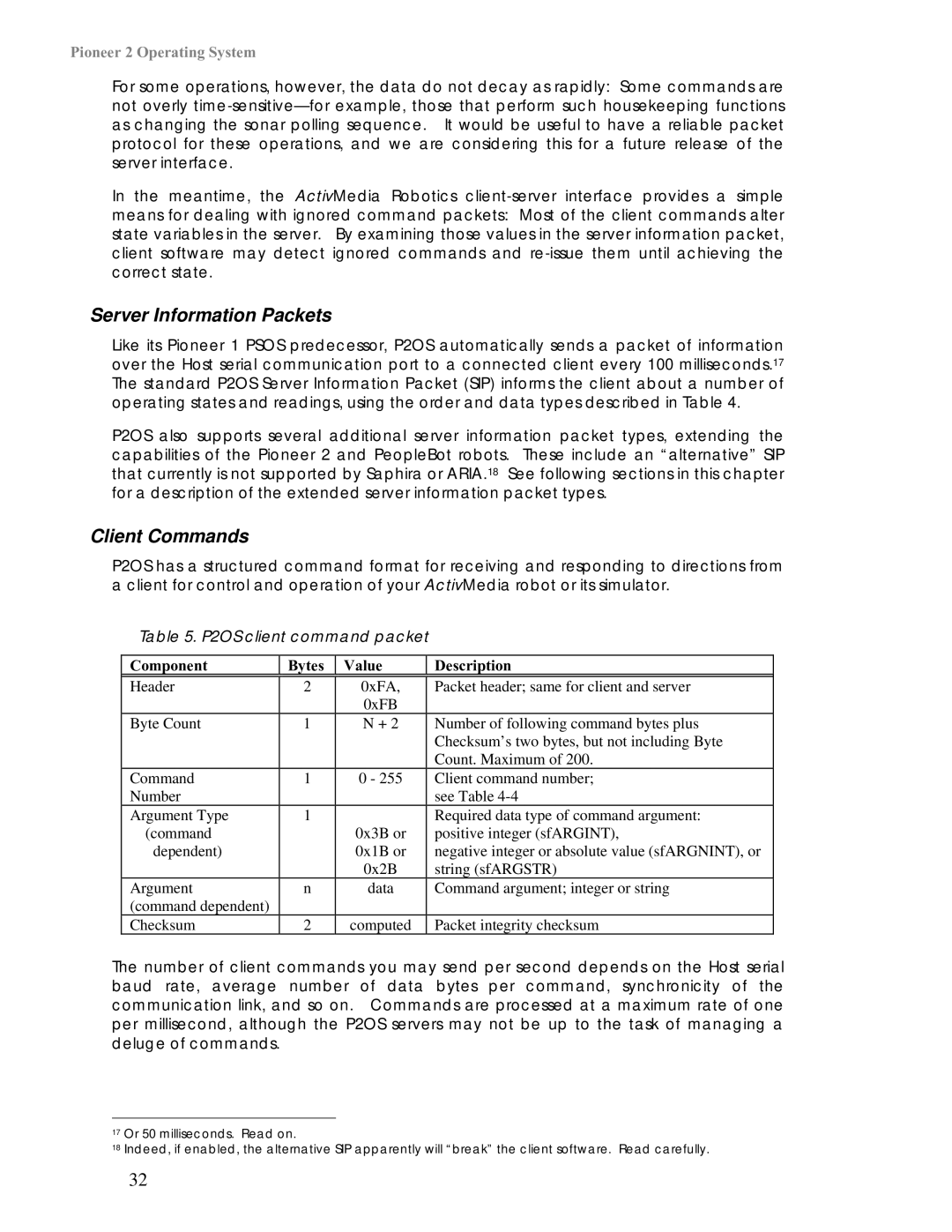 Pioneer 2 / PeopleBot manual Server Information Packets, Client Commands 