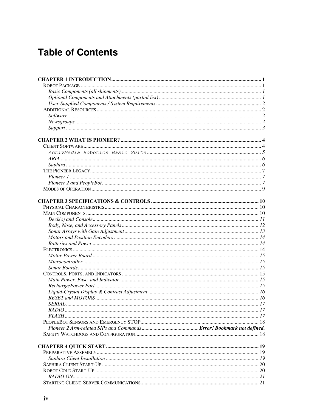 Pioneer 2 / PeopleBot manual Table of Contents 