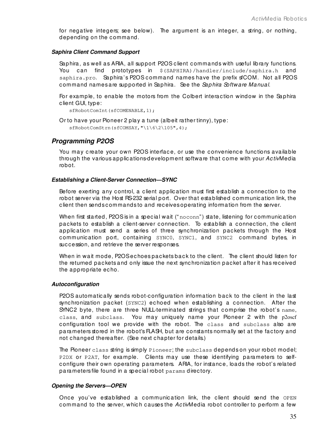 Pioneer 2 / PeopleBot manual Programming P2OS, Saphira Client Command Support, Establishing a Client-Server Connection-SYNC 