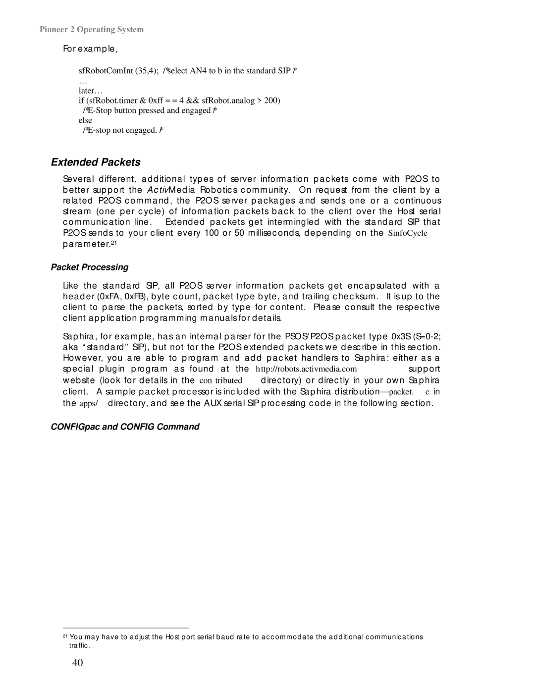 Pioneer 2 / PeopleBot manual Extended Packets, Packet Processing, CONFIGpac and Config Command 