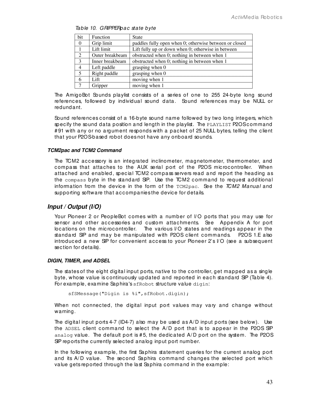 Pioneer 2 / PeopleBot manual Input / Output I/O, TCM2pac and TCM2 Command, DIGIN, TIMER, and Adsel 