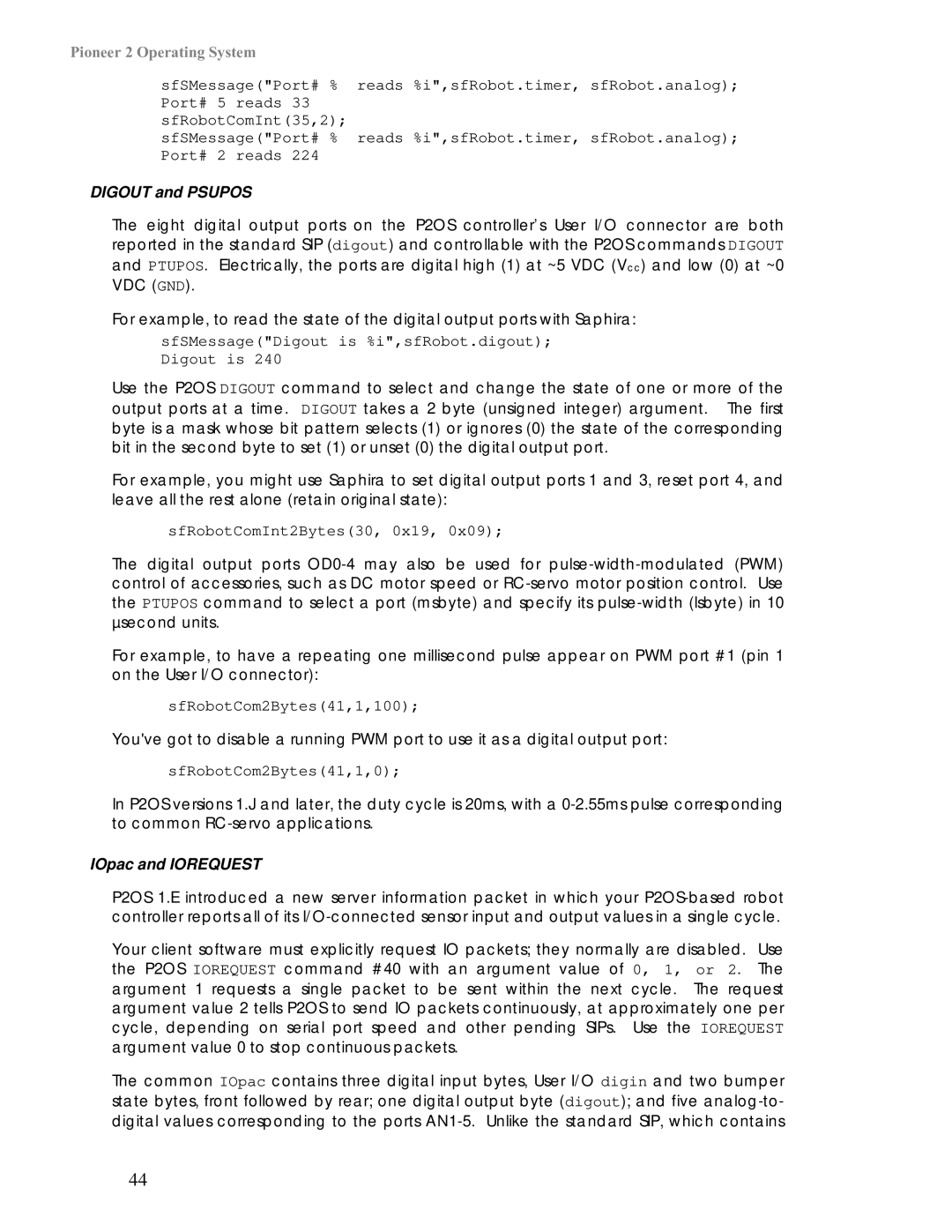 Pioneer 2 / PeopleBot manual Digout and Psupos, IOpac and Iorequest 