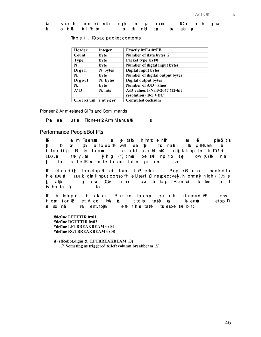 Pioneer 2 / PeopleBot manual Performance PeopleBot IRs, Pioneer 2 Arm-related SIPs and Commands 