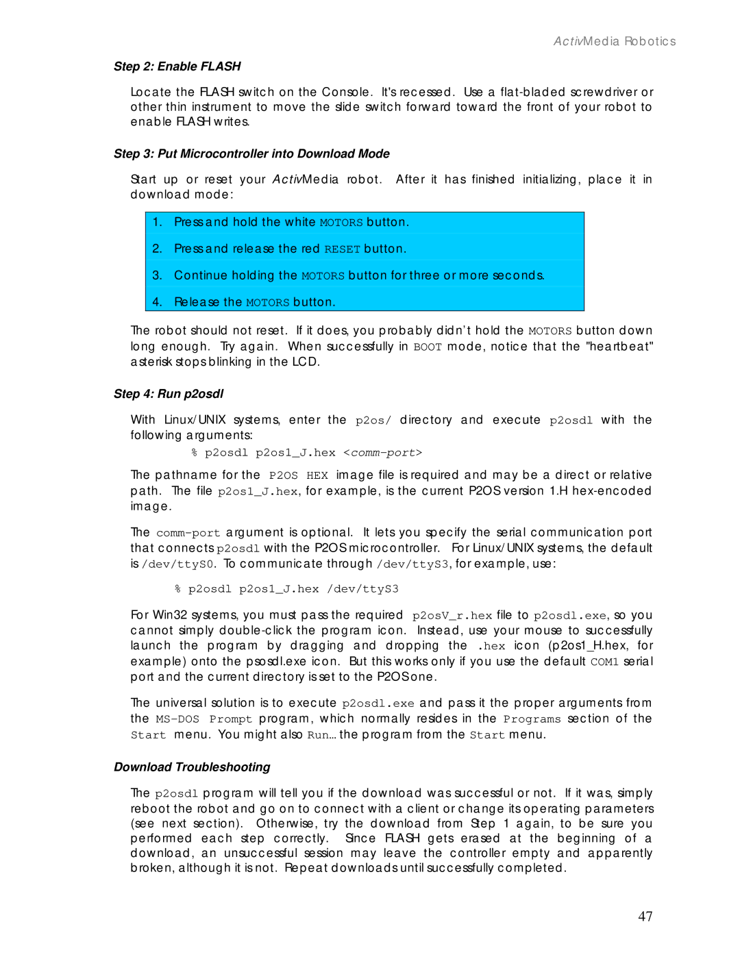 Pioneer 2 / PeopleBot manual Enable Flash, Put Microcontroller into Download Mode, Run p2osdl, Download Troubleshooting 