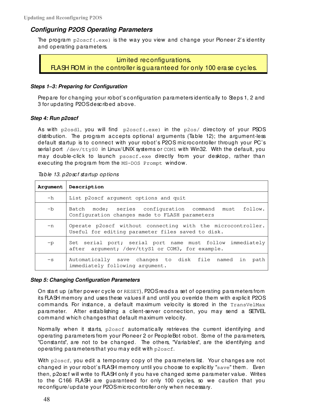 Pioneer 2 / PeopleBot manual Configuring P2OS Operating Parameters, Steps 1-3 Preparing for Configuration, Run p2oscf 