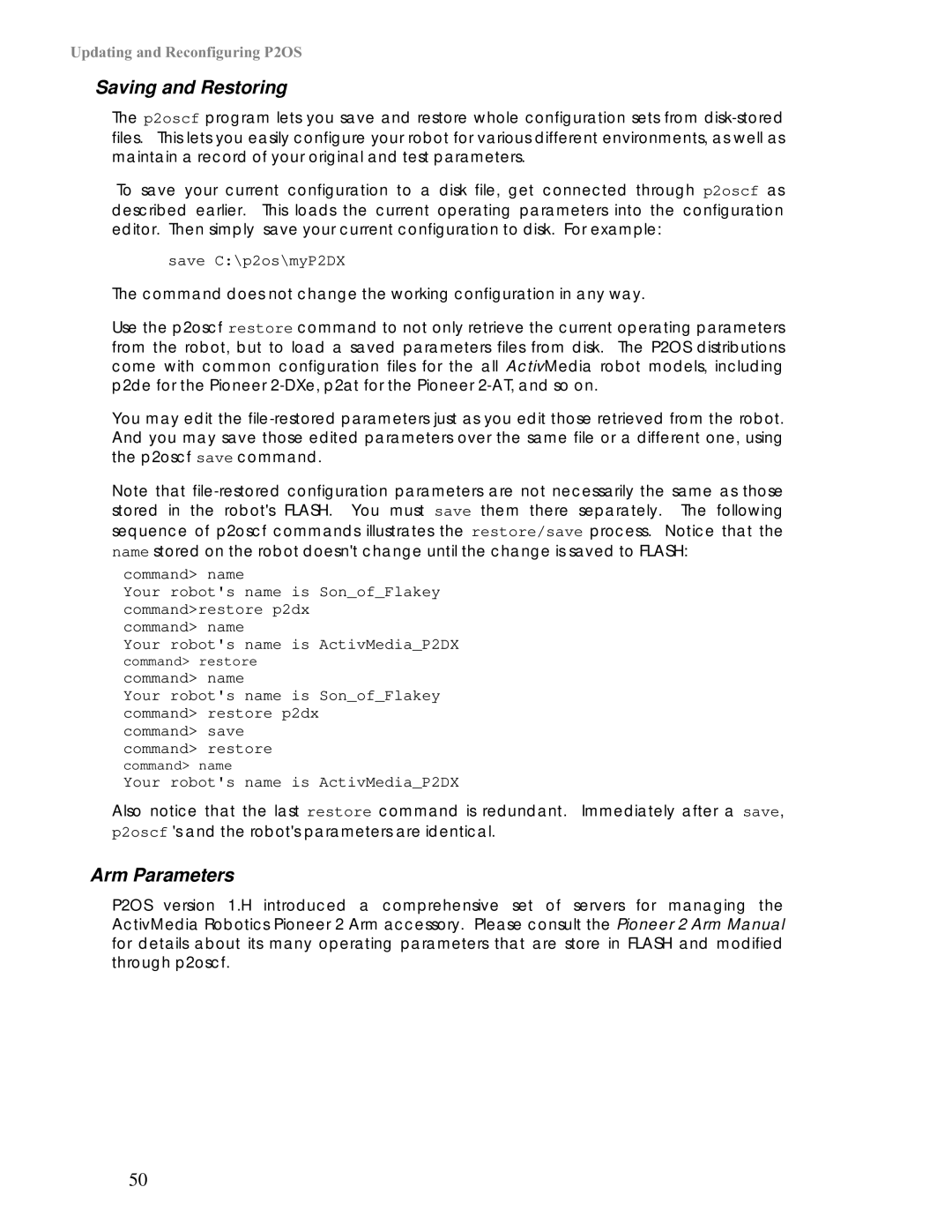 Pioneer 2 / PeopleBot manual Saving and Restoring, Arm Parameters, Save C\p2os\myP2DX 