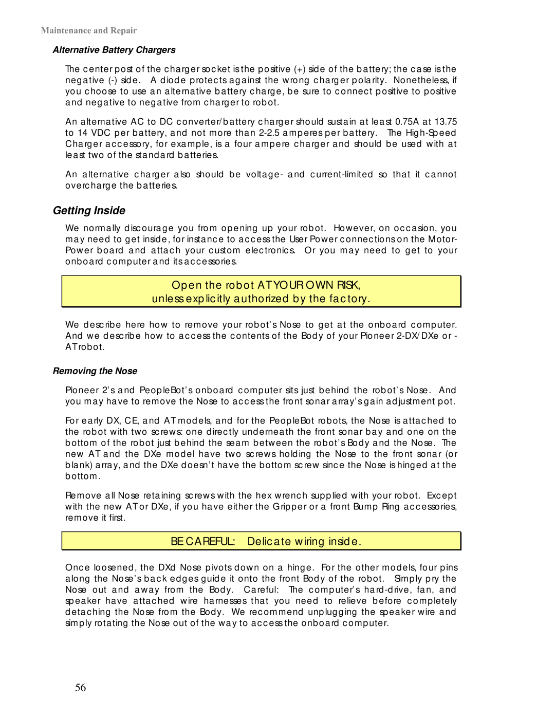 Pioneer 2 / PeopleBot manual Getting Inside, Alternative Battery Chargers, Removing the Nose 