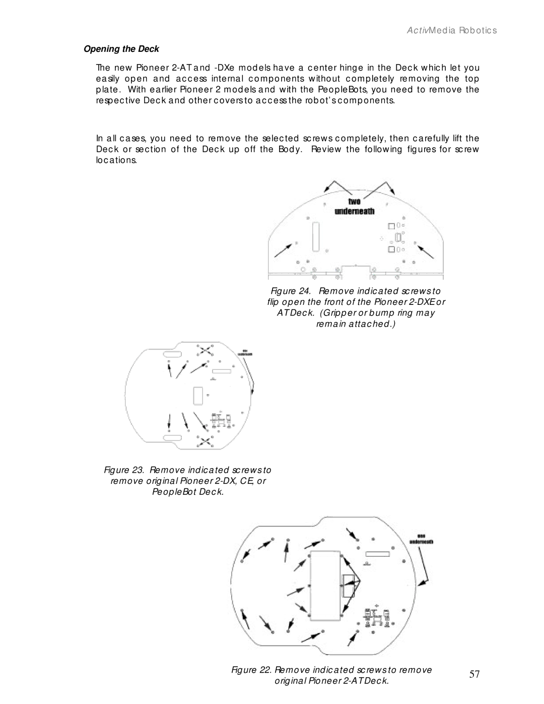 Pioneer 2 / PeopleBot manual Opening the Deck, Remove indicated screws to remove Original Pioneer 2-AT Deck 