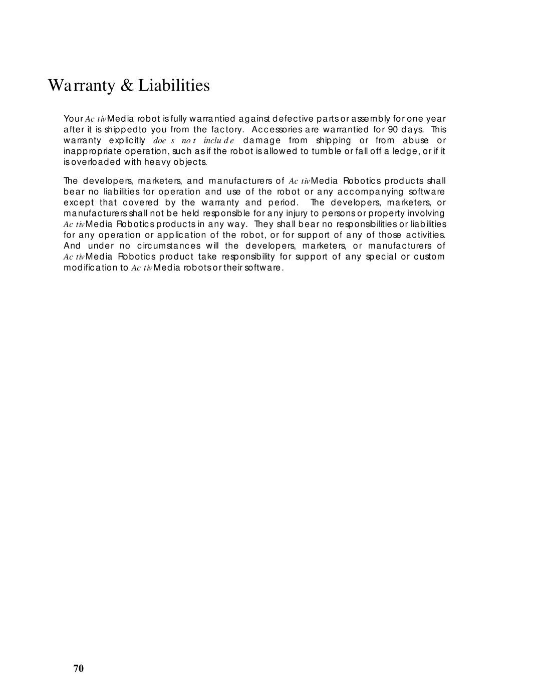 Pioneer 2 / PeopleBot manual Warranty & Liabilities 