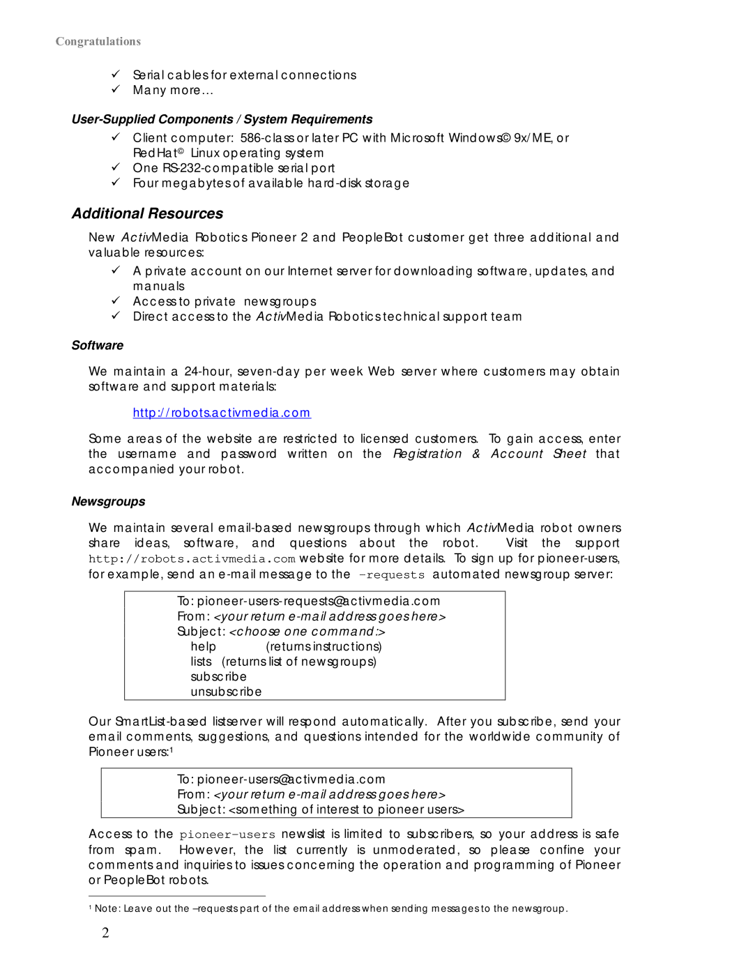 Pioneer 2 / PeopleBot manual Additional Resources, User-Supplied Components / System Requirements, Software, Newsgroups 