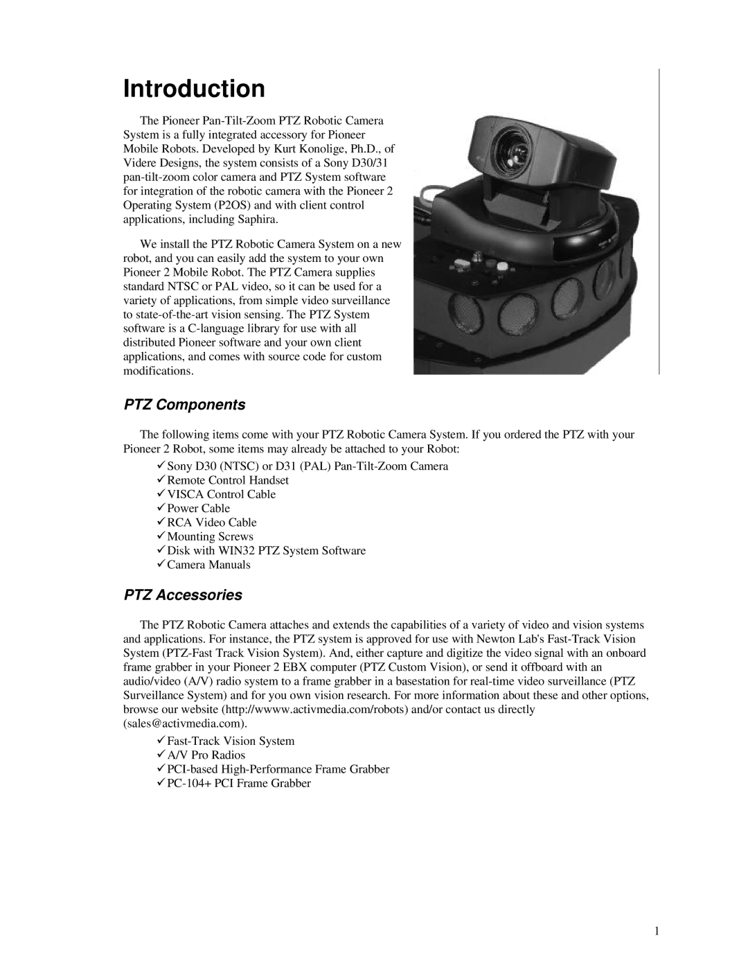 Pioneer 2 manual Introduction, PTZ Components, PTZ Accessories 