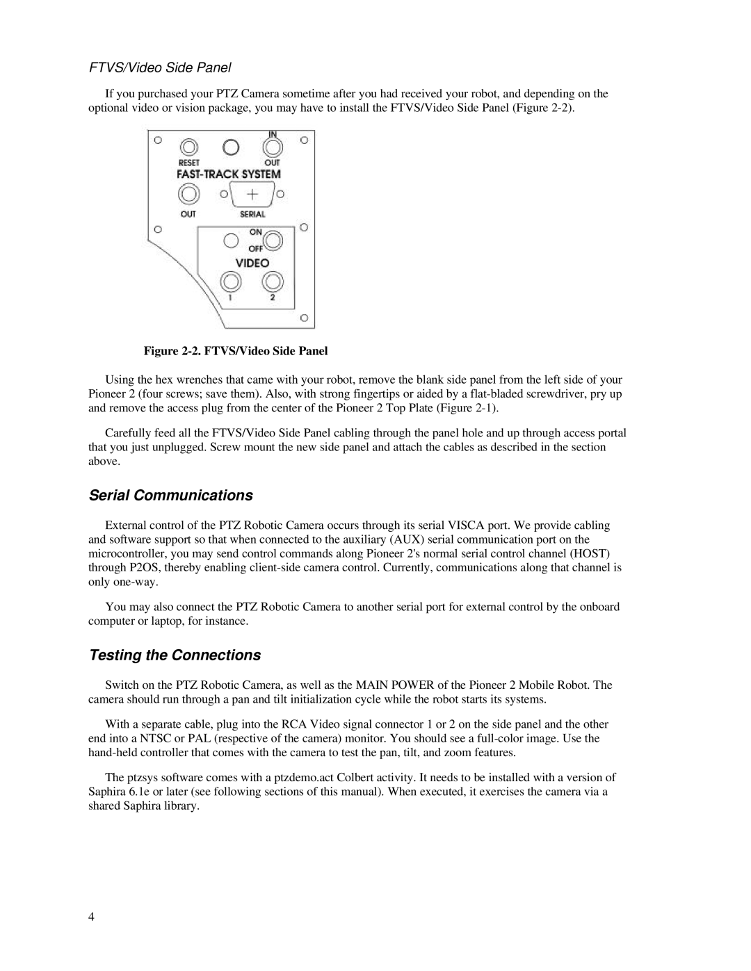 Pioneer 2 manual Serial Communications, Testing the Connections, FTVS/Video Side Panel 