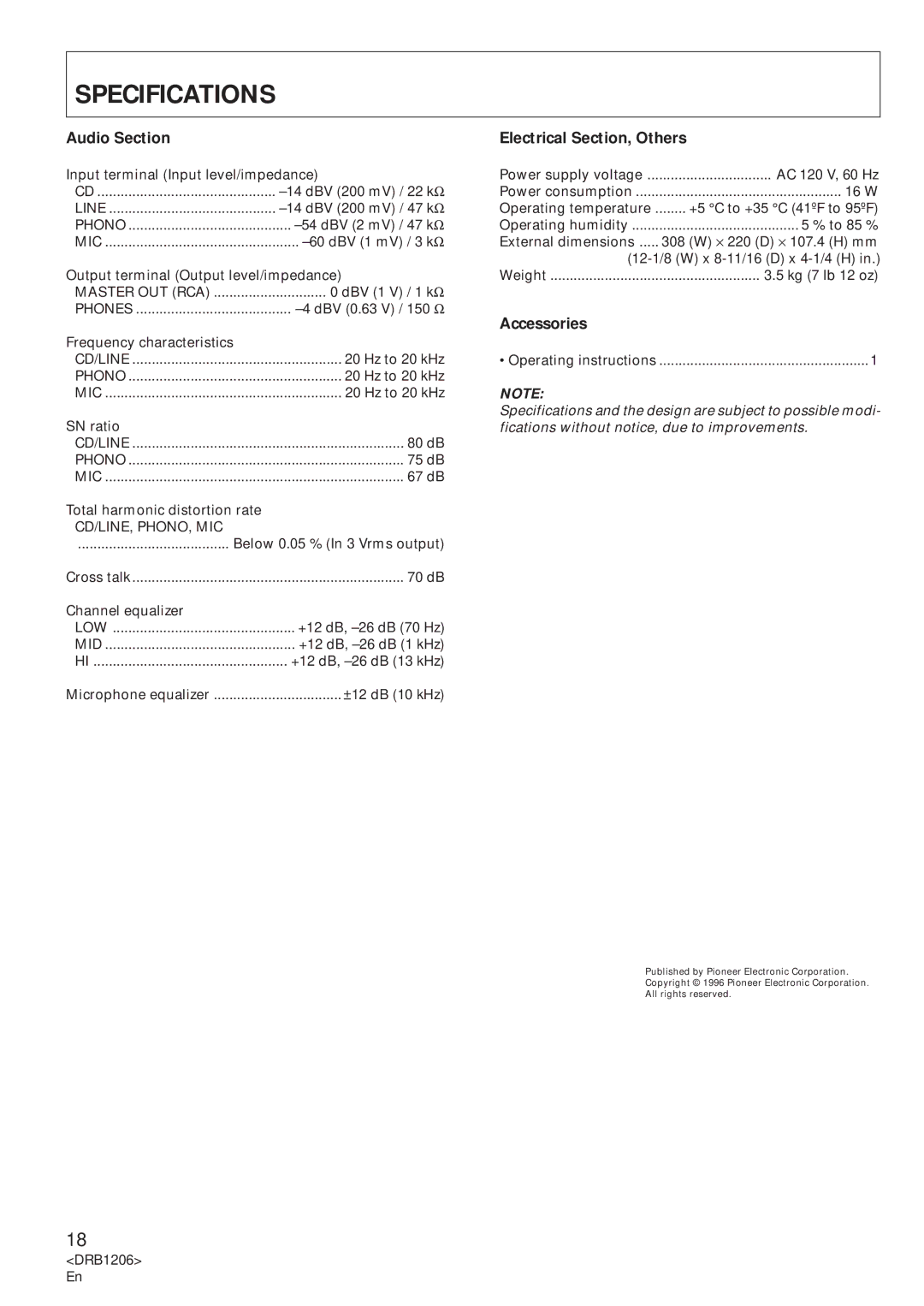 Pioneer 300-S operating instructions Specifications, Audio Section, Electrical Section, Others, Accessories 