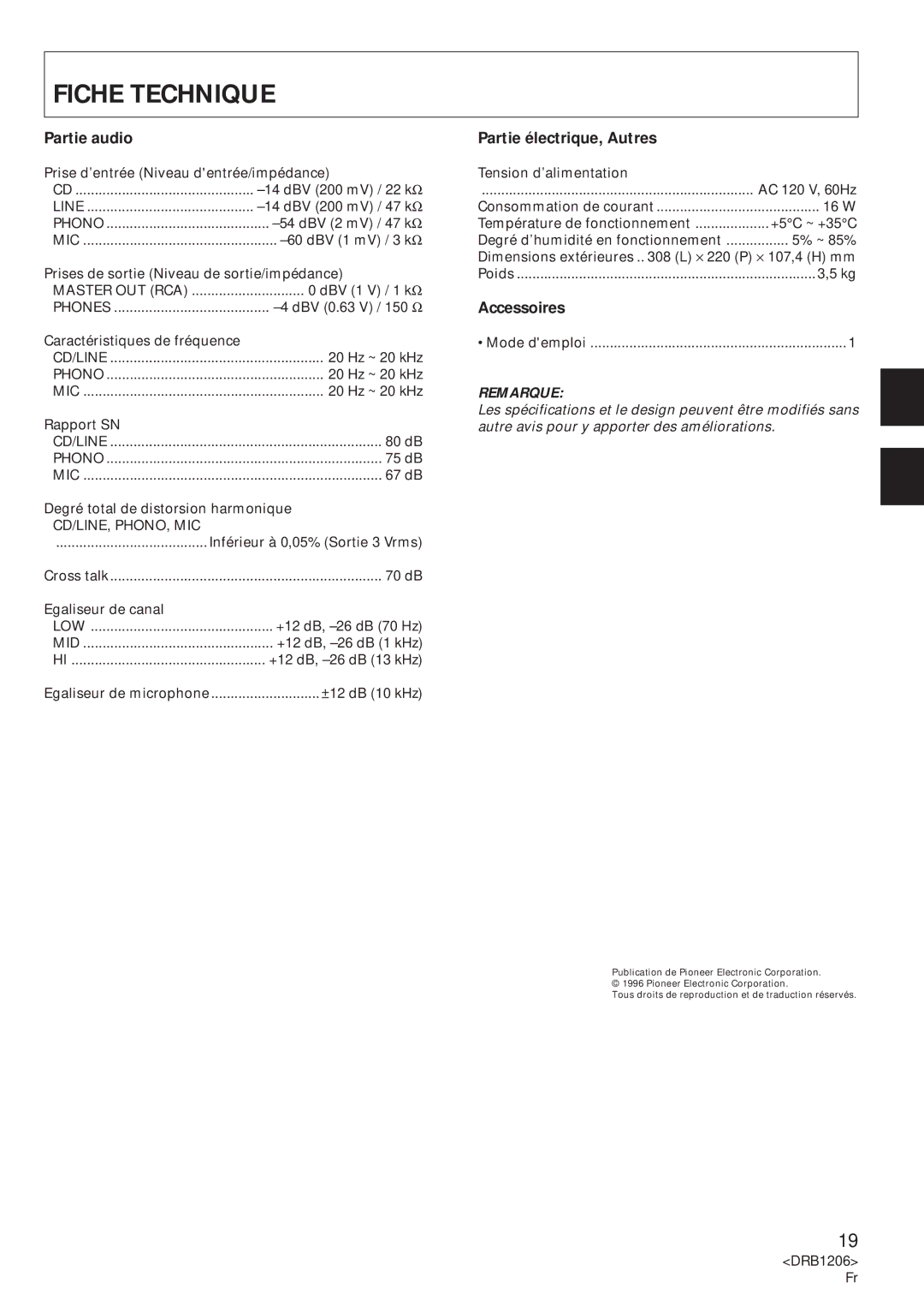 Pioneer 300-S operating instructions Fiche Technique, Partie audio, Partie électrique, Autres, Accessoires 