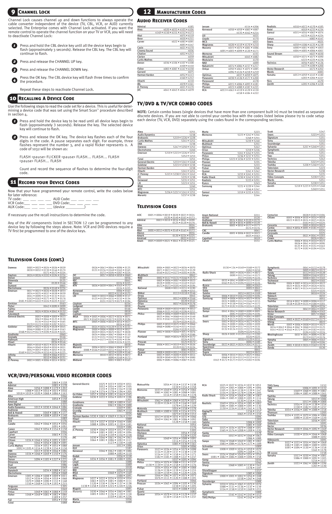 Pioneer 3000 manual TV/DVD & TV/VCR Combo Codes, VCR/DVD/PERSONAL Video Recorder Codes 