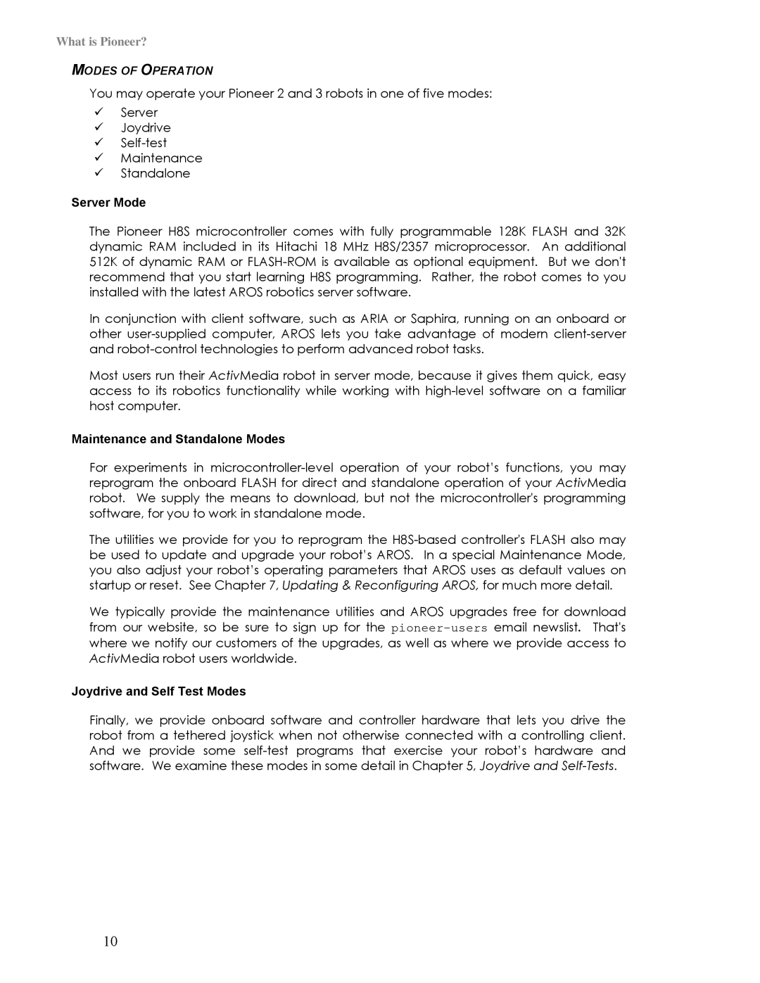 Pioneer 3TM, 2TM manual Modes of Operation, Server Mode, Maintenance and Standalone Modes, Joydrive and Self Test Modes 