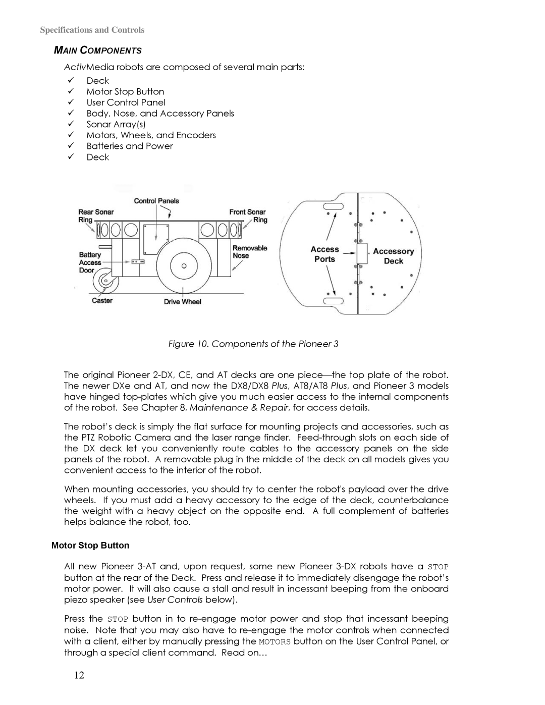 Pioneer 3TM, 2TM manual Main Components, Motor Stop Button 