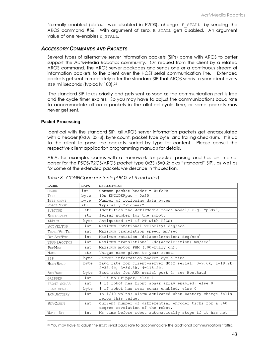 Pioneer 2TM, 3TM manual Accessory Commands and Packets, Packet Processing 