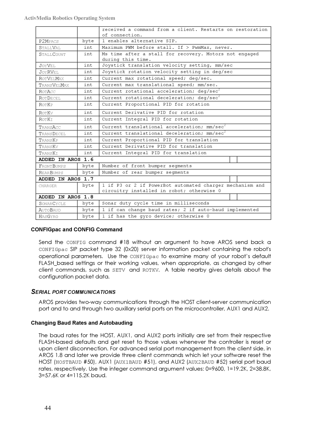 Pioneer 3TM, 2TM manual CONFIGpac and Config Command, Serial Port Communications, Changing Baud Rates and Autobauding 