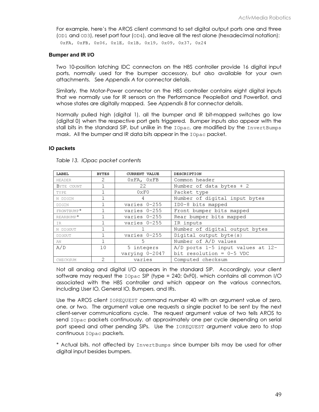 Pioneer 2TM, 3TM manual Bumper and IR I/O, IO packets 