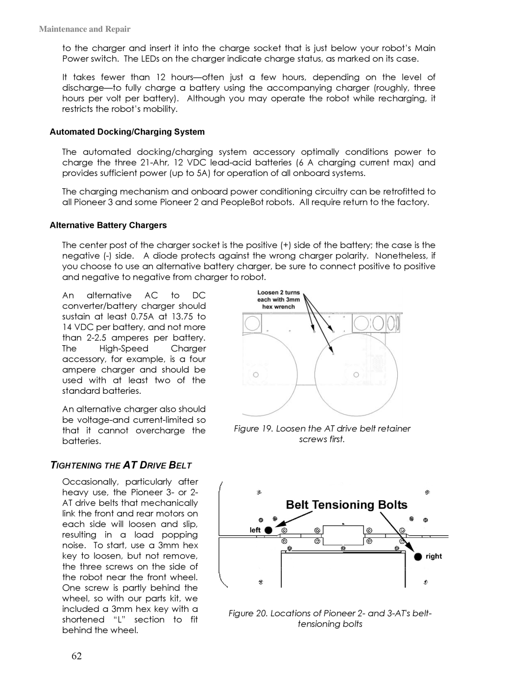 Pioneer 3TM, 2TM manual Automated Docking/Charging System, Alternative Battery Chargers, Tightening the AT Drive Belt 