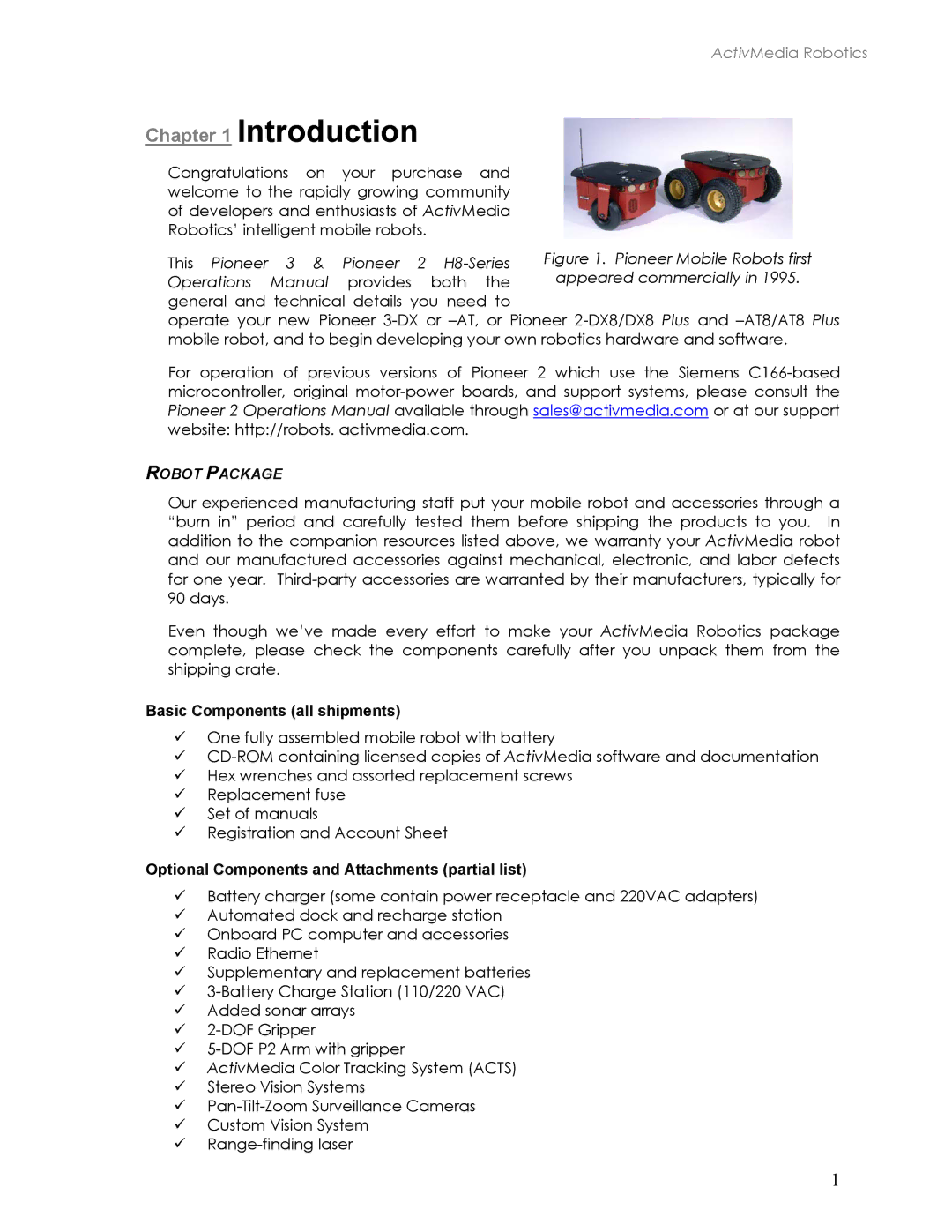 Pioneer 2TM Introduction, Robot Package, Basic Components all shipments, Optional Components and Attachments partial list 