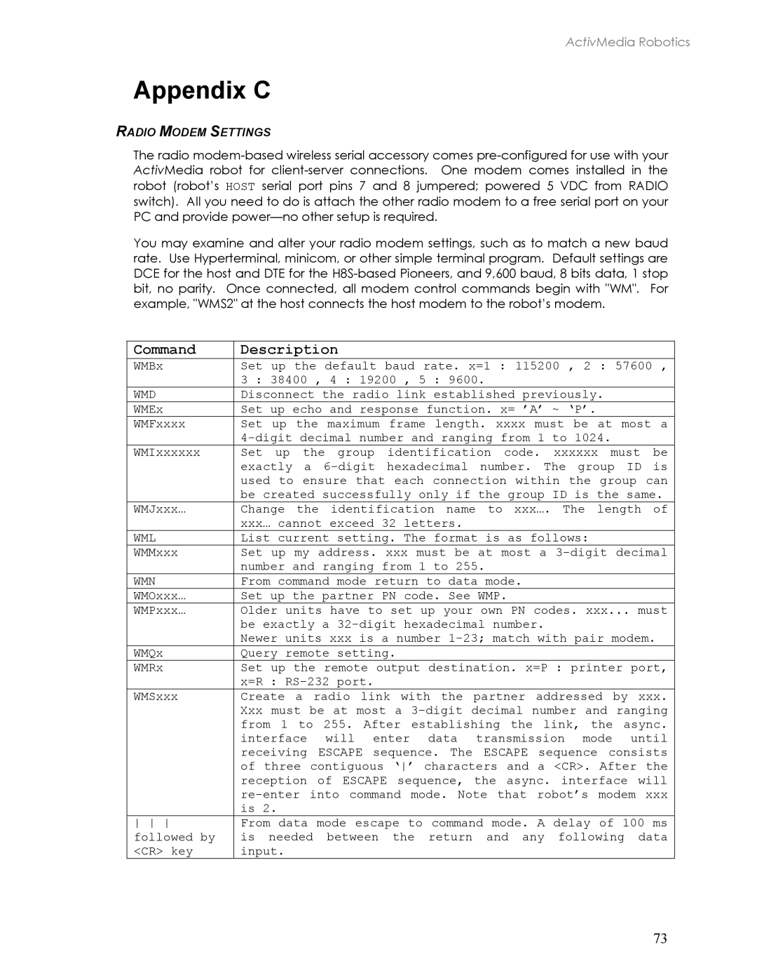 Pioneer 2TM, 3TM manual Appendix C, Radio Modem Settings 