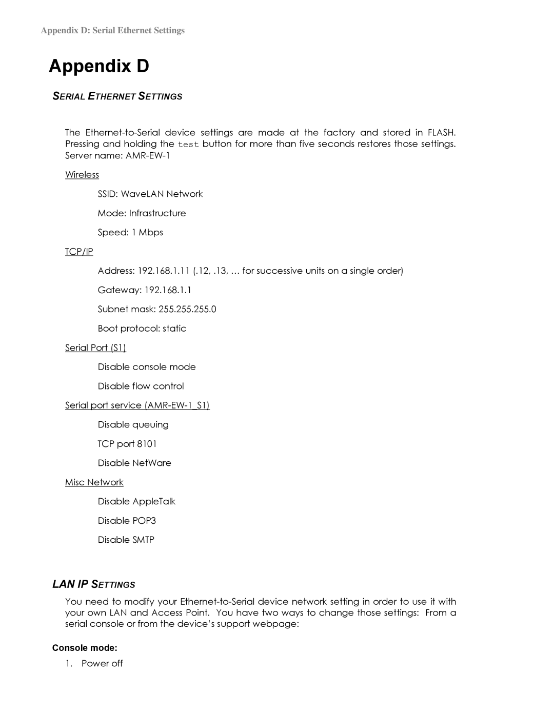 Pioneer 3TM, 2TM manual Appendix D, Serial Ethernet Settings, Console mode 