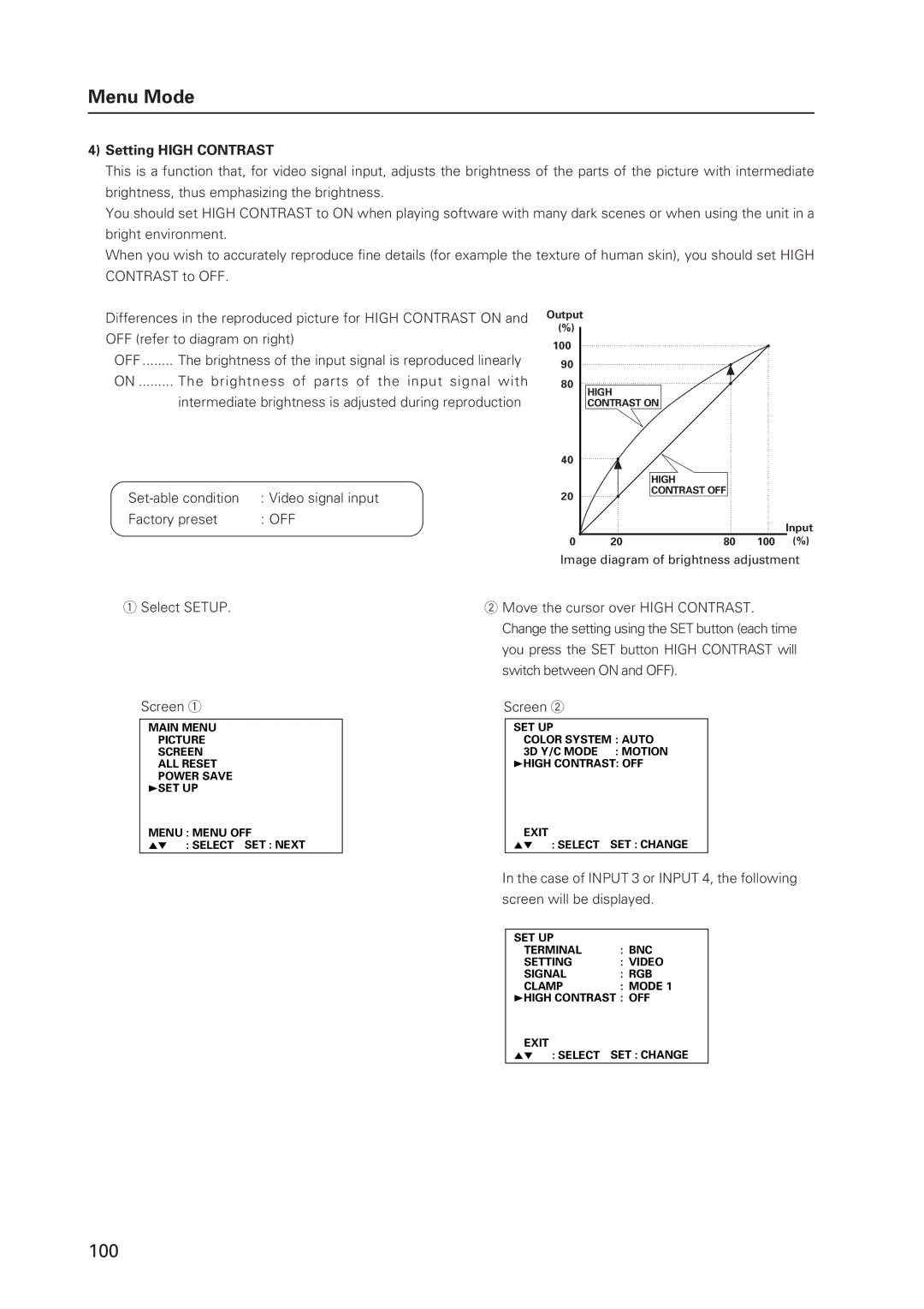 Pioneer 502MX technical manual Setting High Contrast, Off, Brightness of parts of the input signal with 