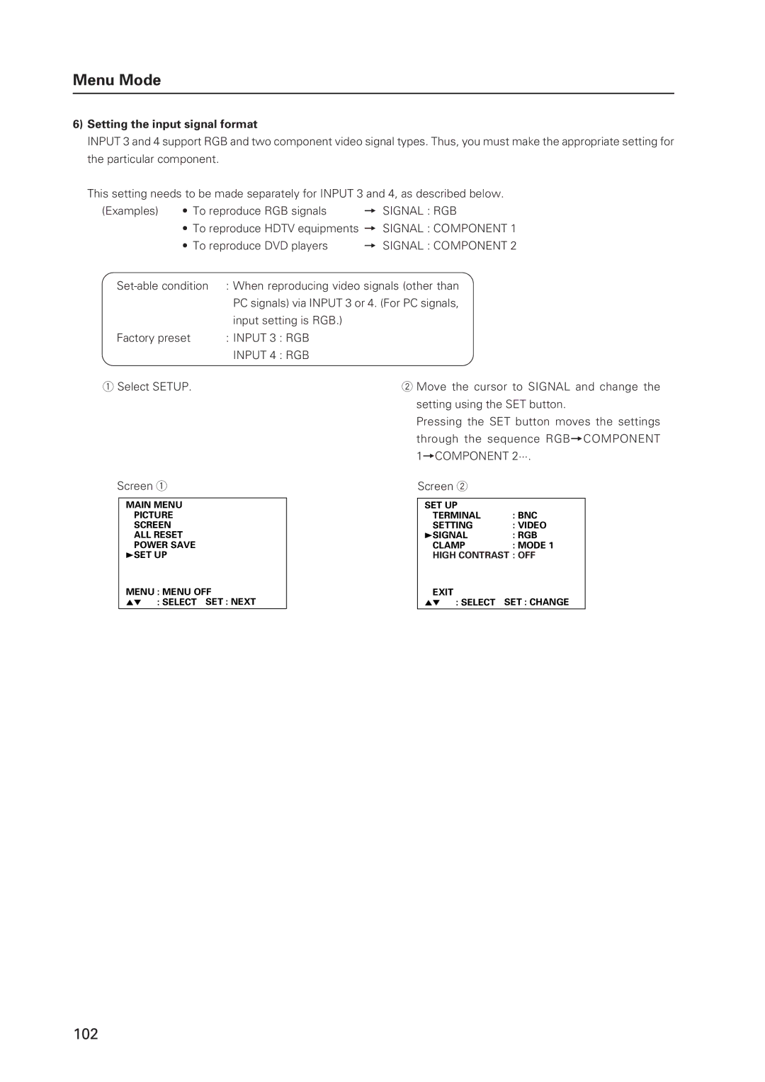 Pioneer 502MX technical manual Setting the input signal format, = Signal RGB, = Signal Component, Input 3 RGB Input 4 RGB 