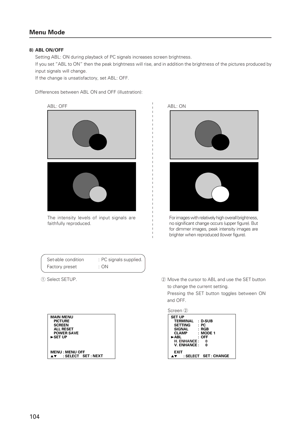 Pioneer 502MX technical manual ABL OFF ABL on, Intensity levels of input signals are faithfully reproduced 