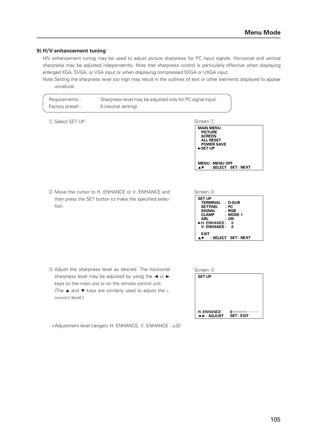 Pioneer 502MX technical manual V enhancement tuning, Adjustment level range H. ENHANCE, V. Enhance ±32 Screen 