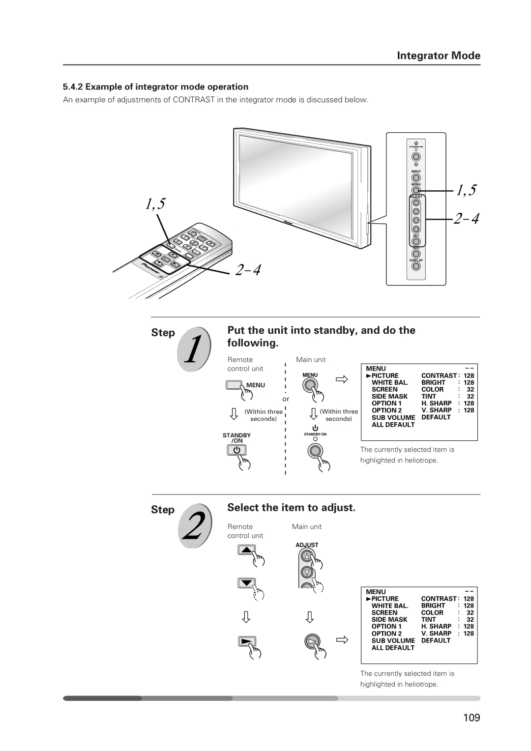 Pioneer 502MX technical manual Step Put the unit into standby, and do the following, Select the item to adjust 